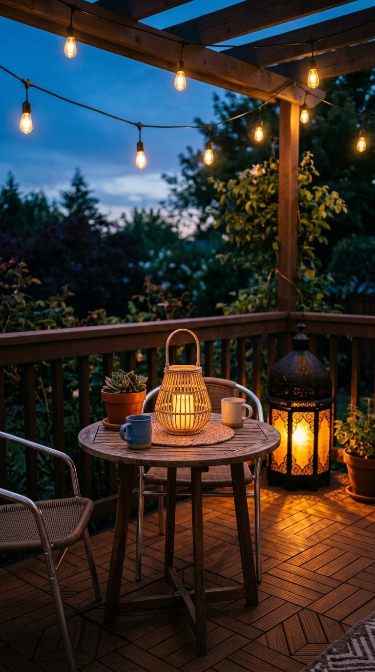 Add Layered Lighting With Lanterns at Table and Floor Level