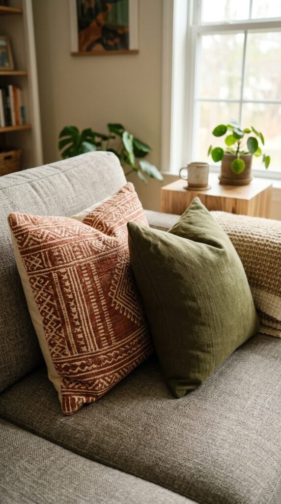 Add Patterned Throw Pillows in Tribal or Geometric Prints