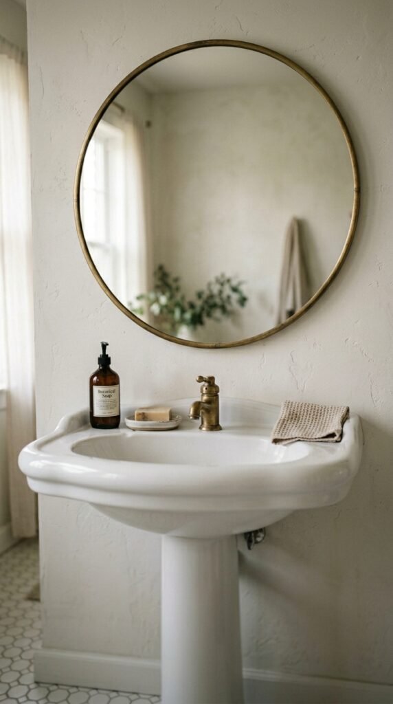 Add a Round or Oval Vintage-Style Mirror Over a Pedestal Sink