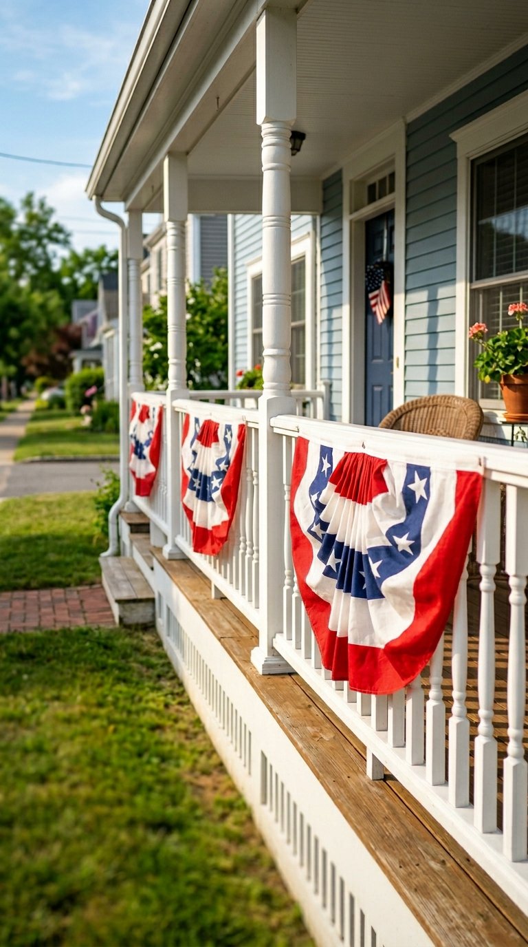 American Flag Pleated Bunting Along the Porch Railing
