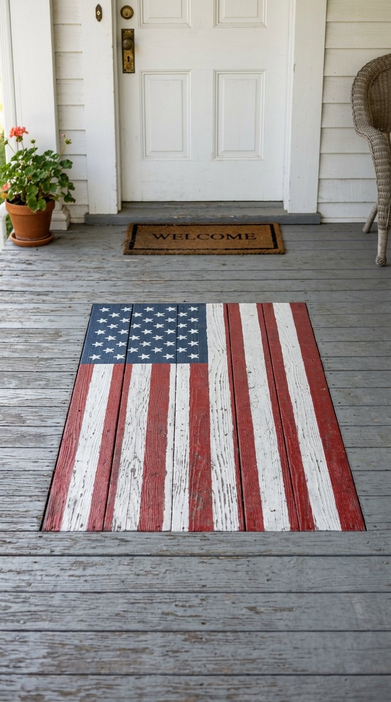 American Flag Stencil Painted on a Wooden Porch Floor