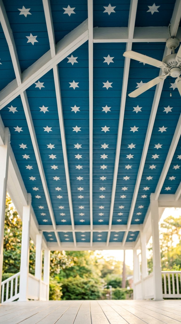 Blue-Painted Porch Ceiling with White Star Stencils