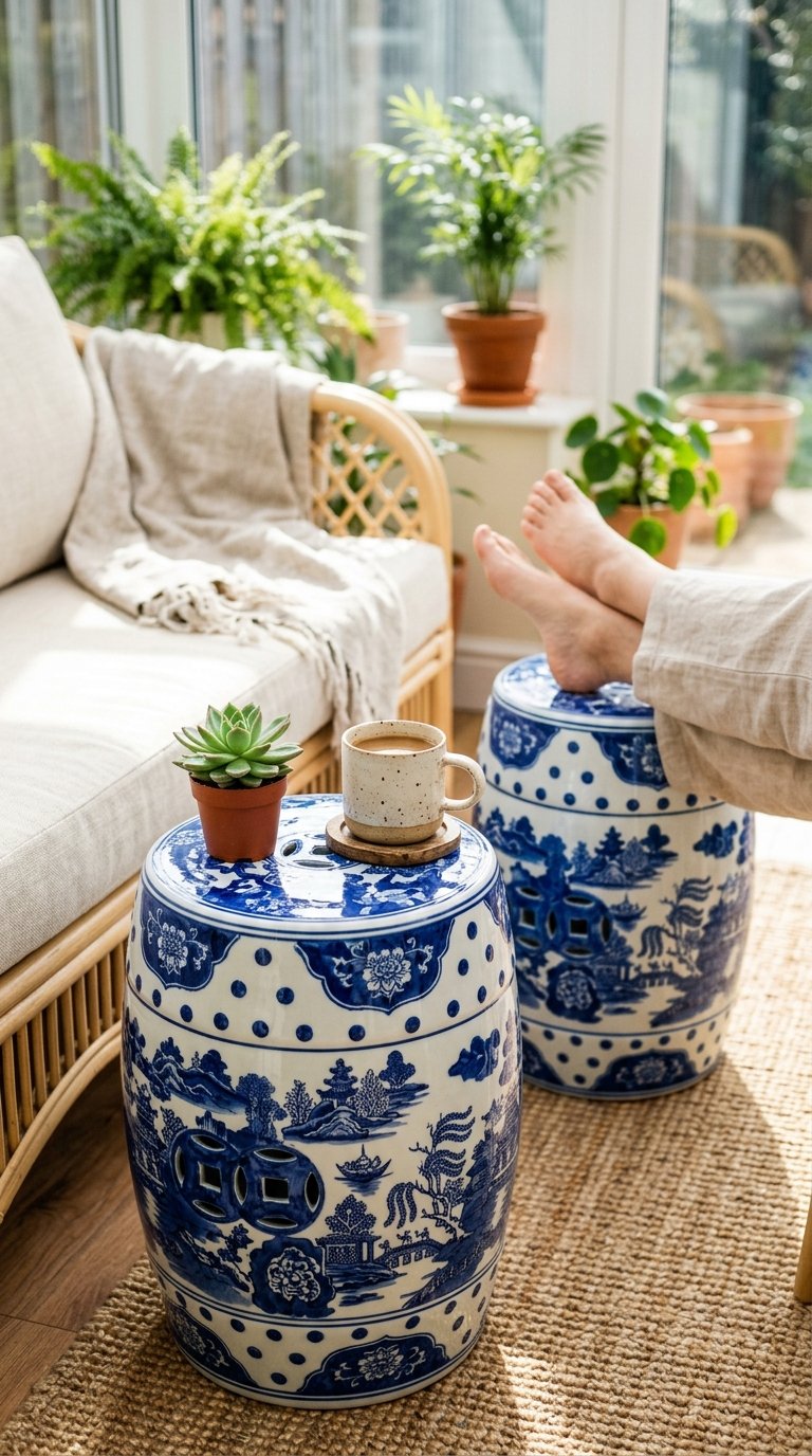 Blue and White Ceramic Garden Stools as Side Tables