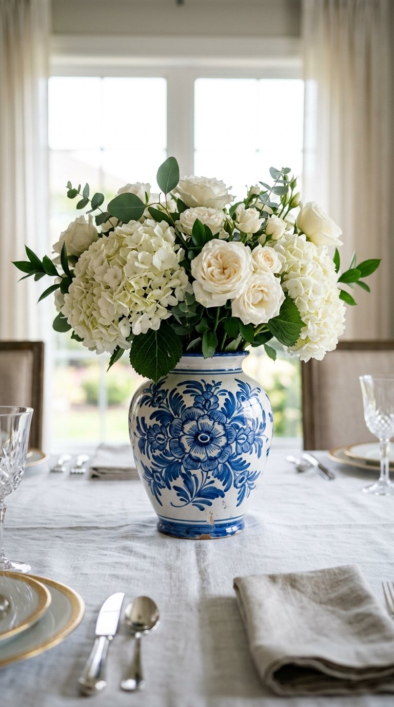 Blue and White Ceramic Vase With Summer Blooms