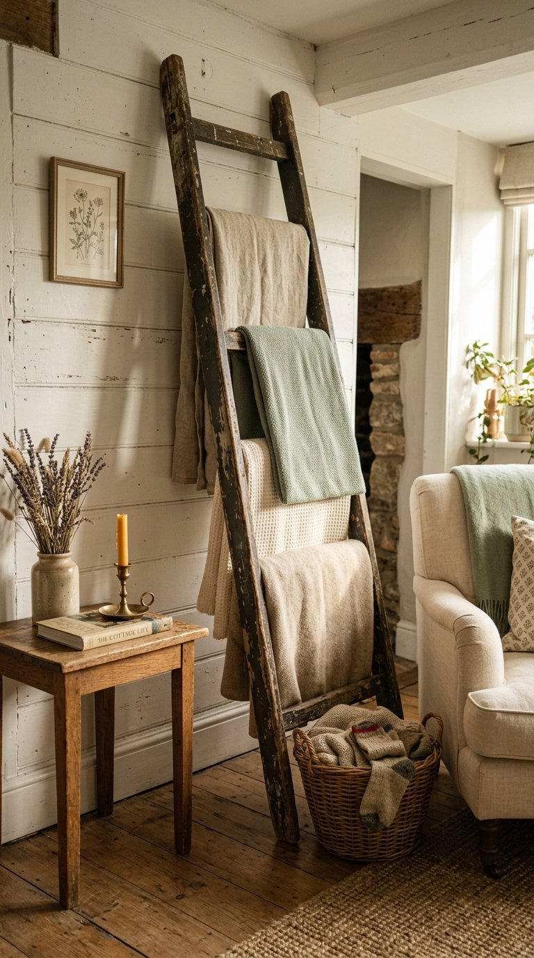 Bring in a Vintage Wooden Ladder as a Blanket Display