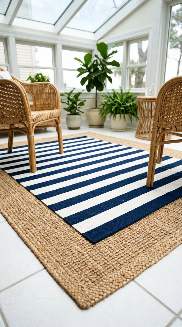 Coastal Stripe or Ikat Outdoor Rug Layered Over a Natural Fiber Base