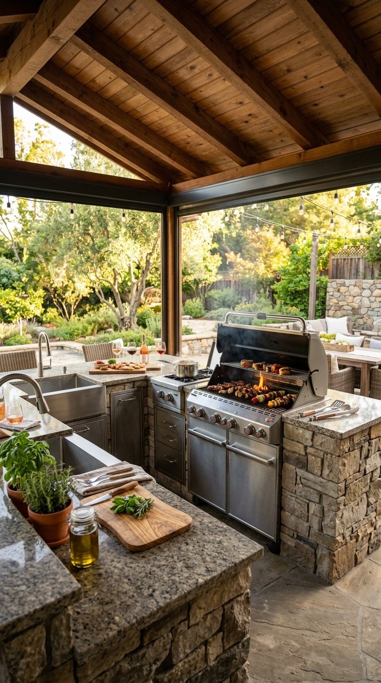 Covered Patio Kitchen With a Built-In Grill Station