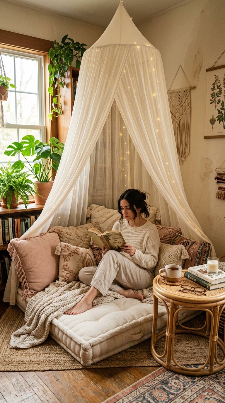 Create a Reading Nook With Stacked Floor Pillows and a Canopy