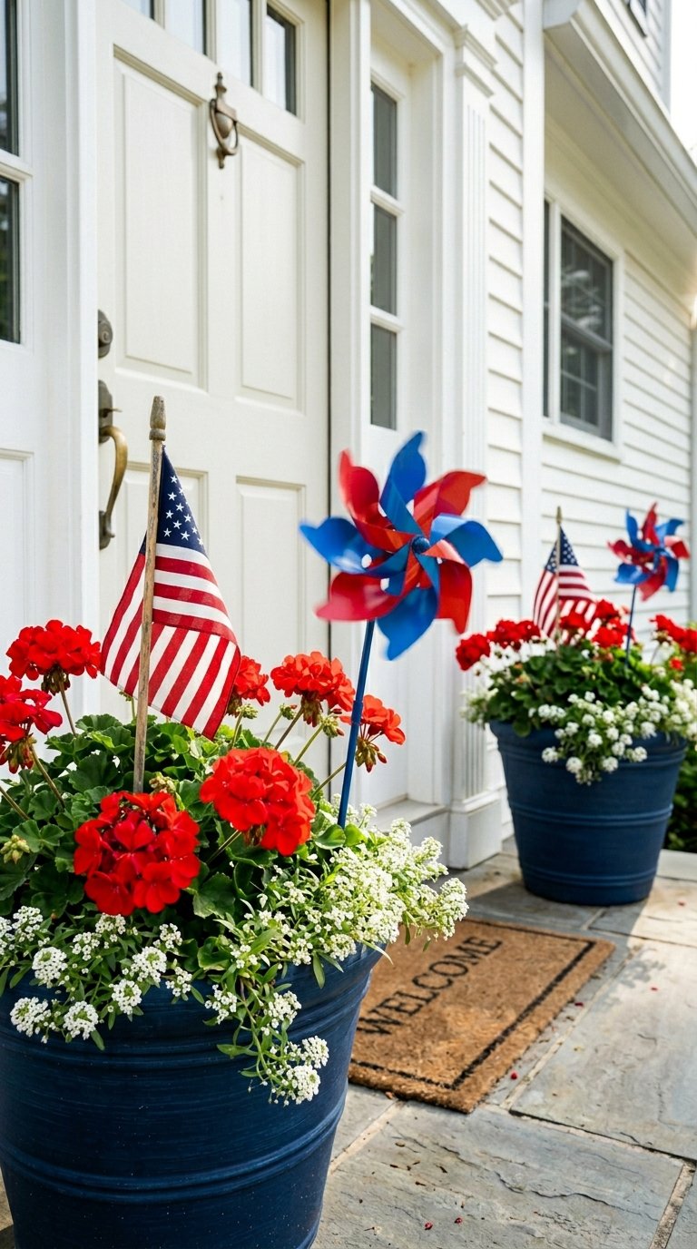 DIY Patriotic Porch Planter with Pinwheels and Flags