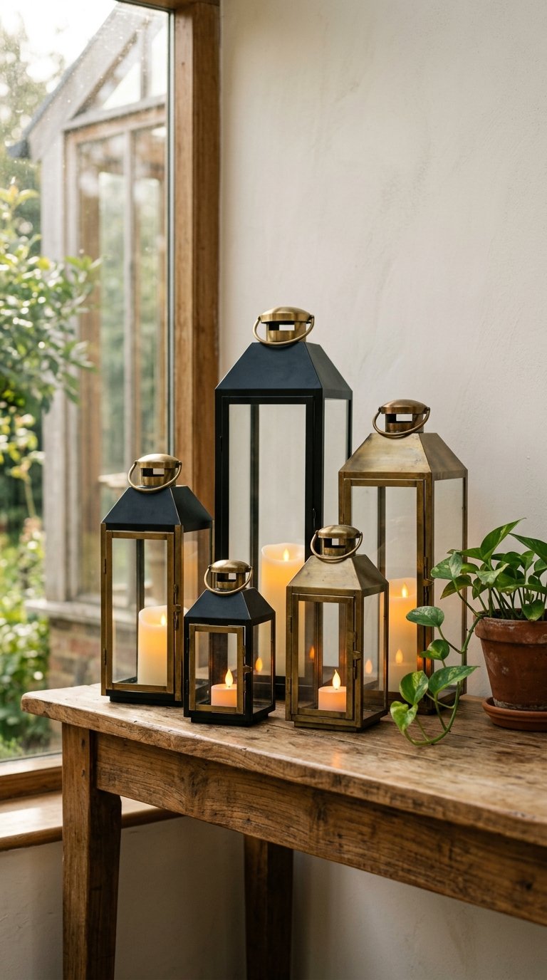 Decorative Lantern Cluster on a Console Table