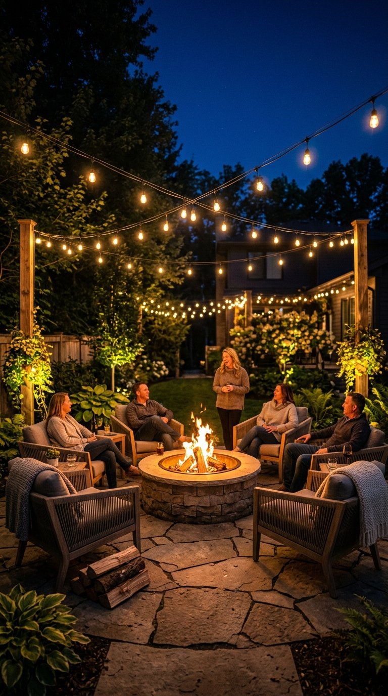Design a Fire Pit Area With String Light Overhead