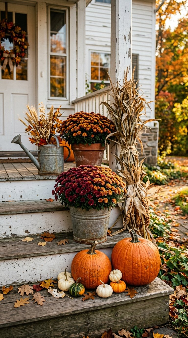 Display Seasonal Farmhouse Decor on the Porch Steps