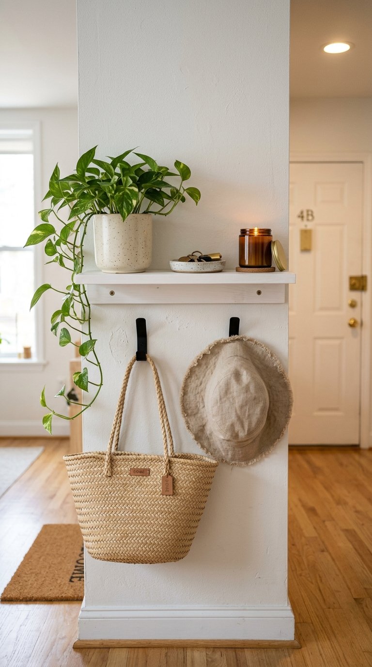 Entryway With a Floating Shelf and Hook Rail
