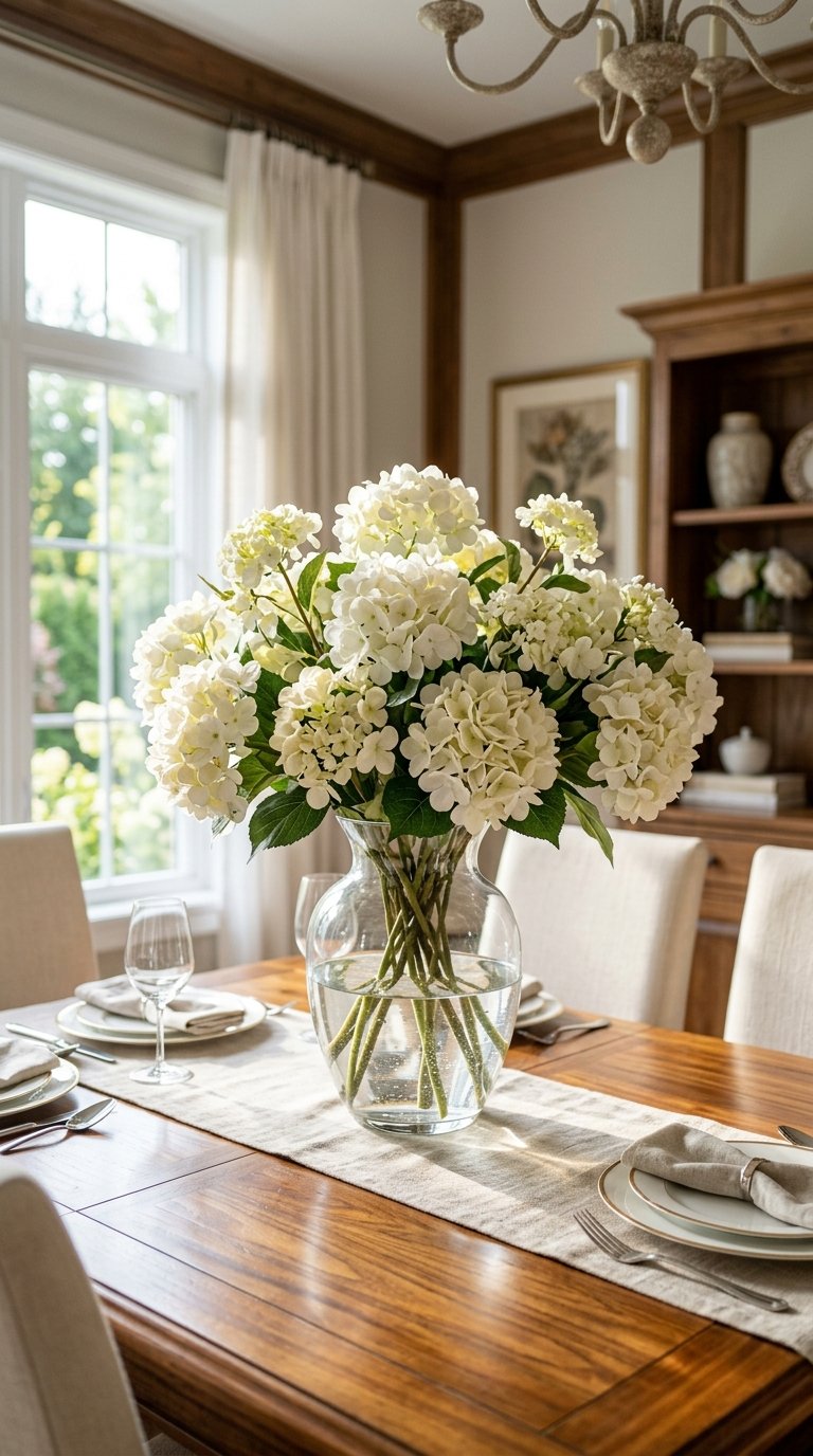 Faux Hydrangea Arrangement in a Clear Glass Vase