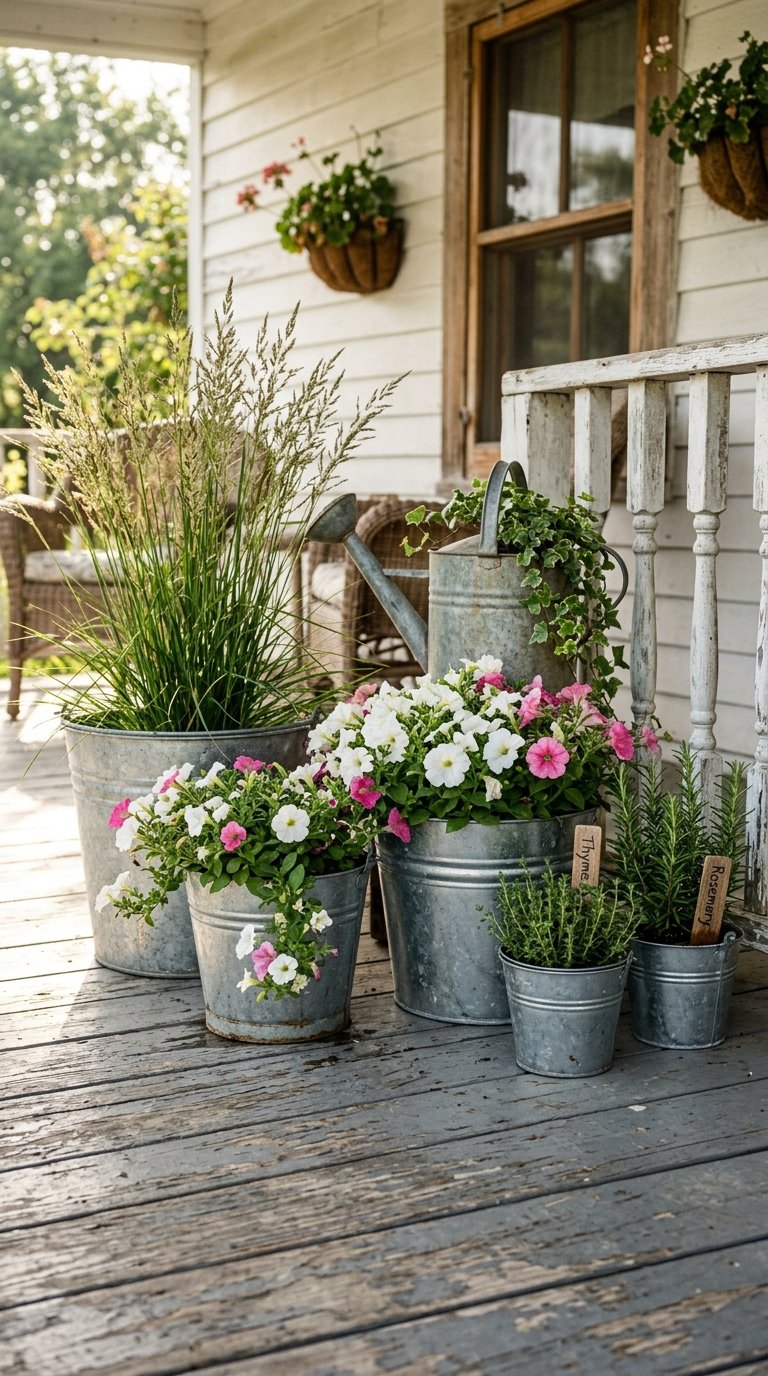 Galvanized Metal Buckets and Planters Throughout