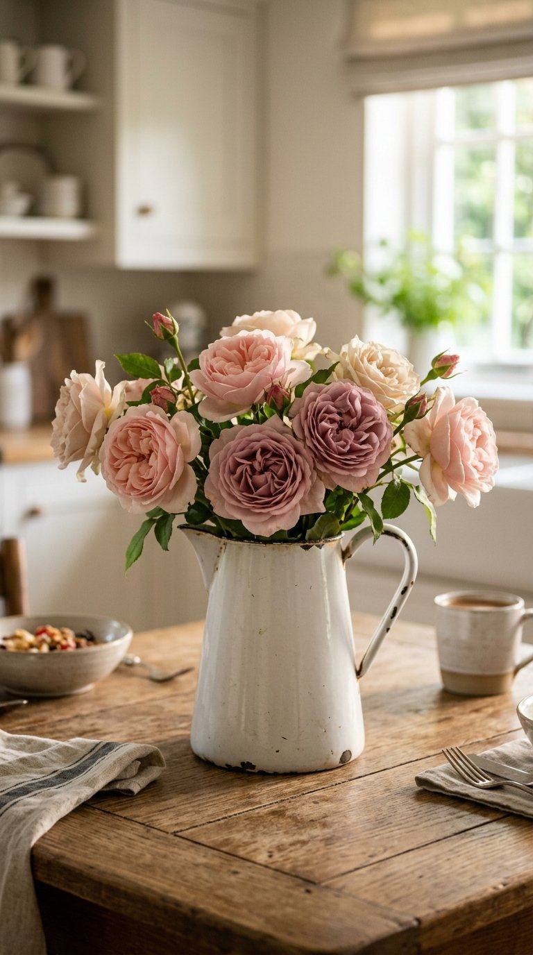 Garden Rose Arrangement in a Vintage Pitcher