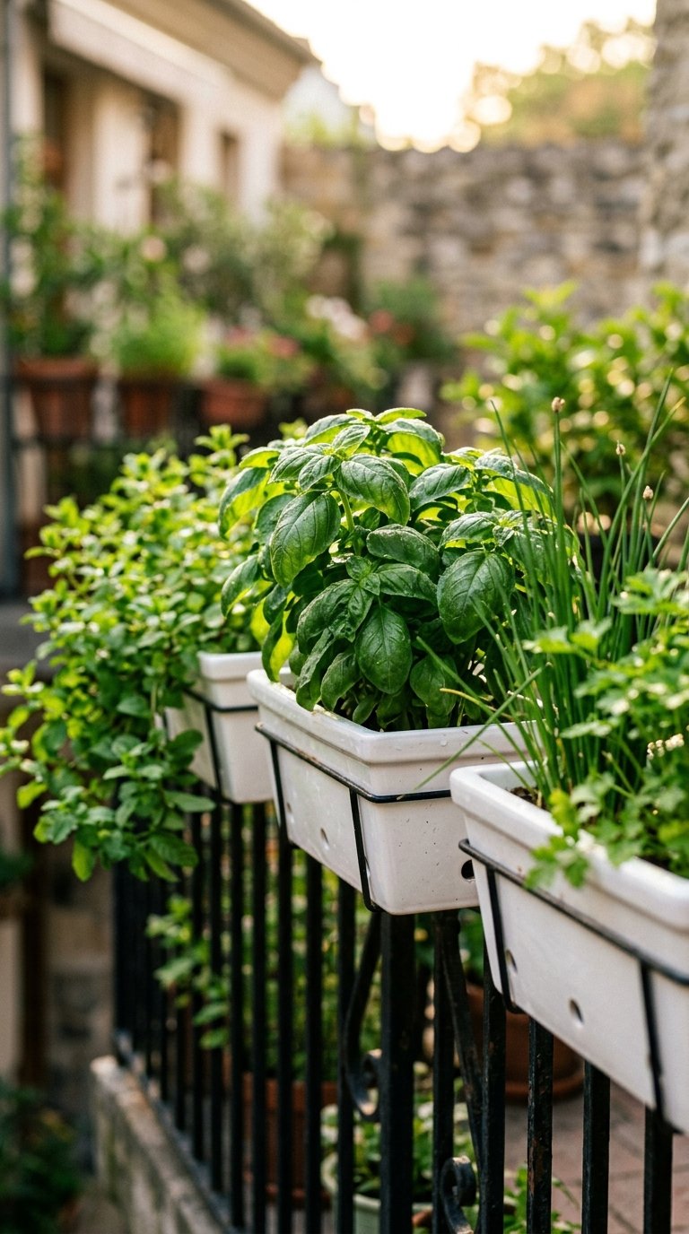 Grow Herbs in a Railing Window Box for a Functional Border