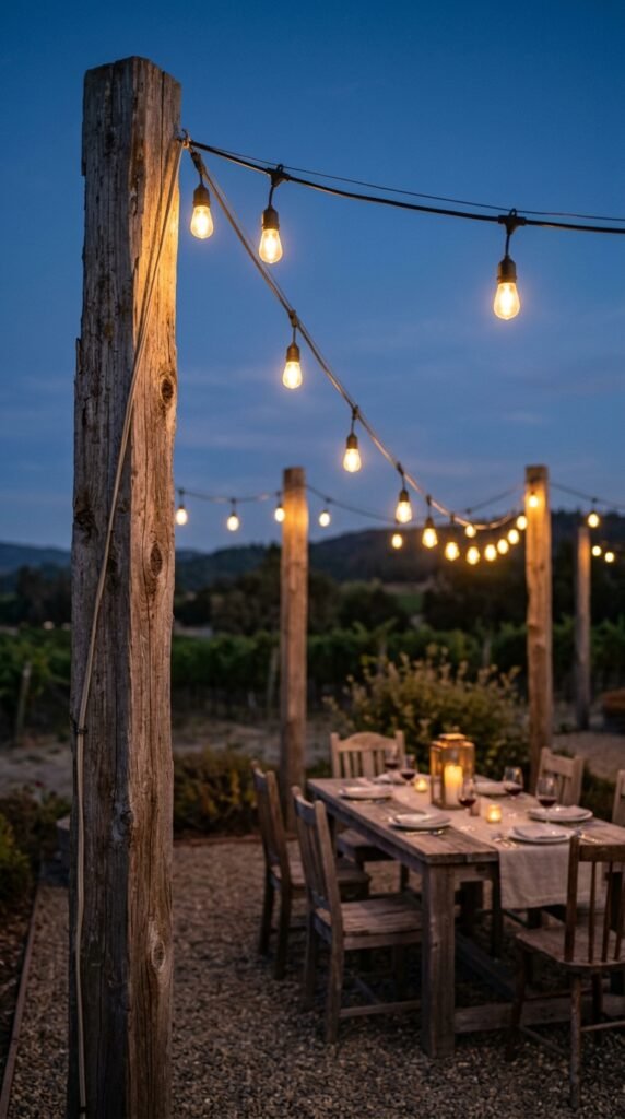 Hang String Lights on Rustic Wood Posts