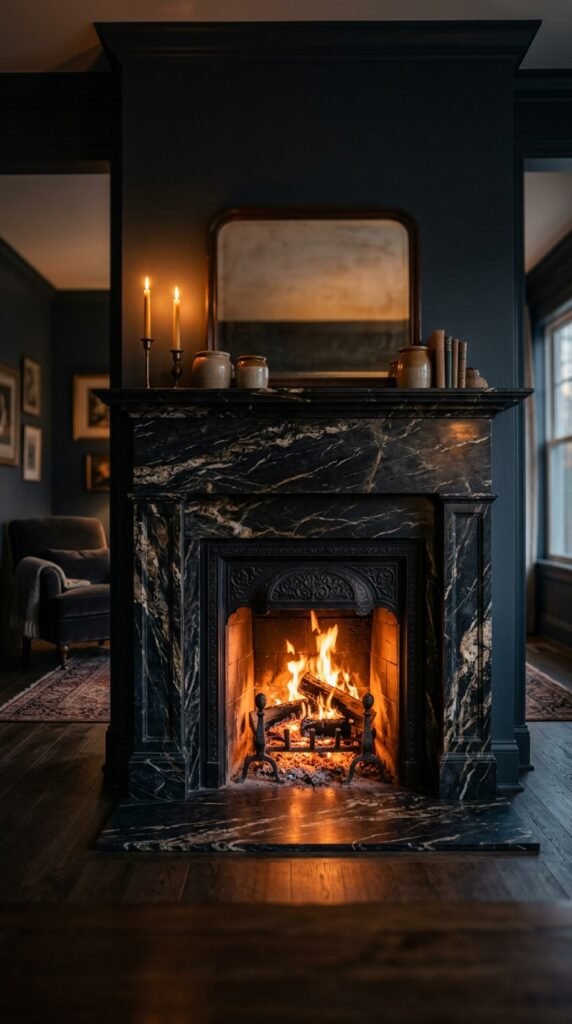 Incorporate a Dark Stone or Marble Fireplace Surround