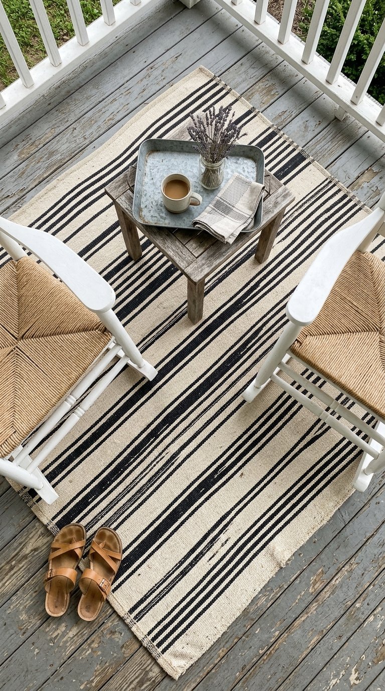 Lay a Farmhouse-Style Outdoor Rug in Stripe or Check Pattern
