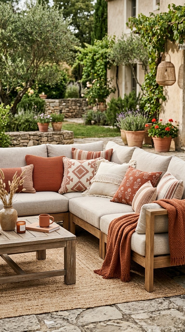 Layer Outdoor Throw Pillows in Coordinating Tones