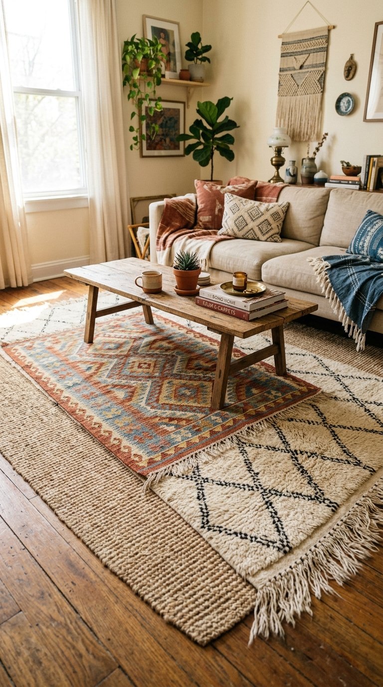 Layer Three Different Rugs for Instant Boho Depth