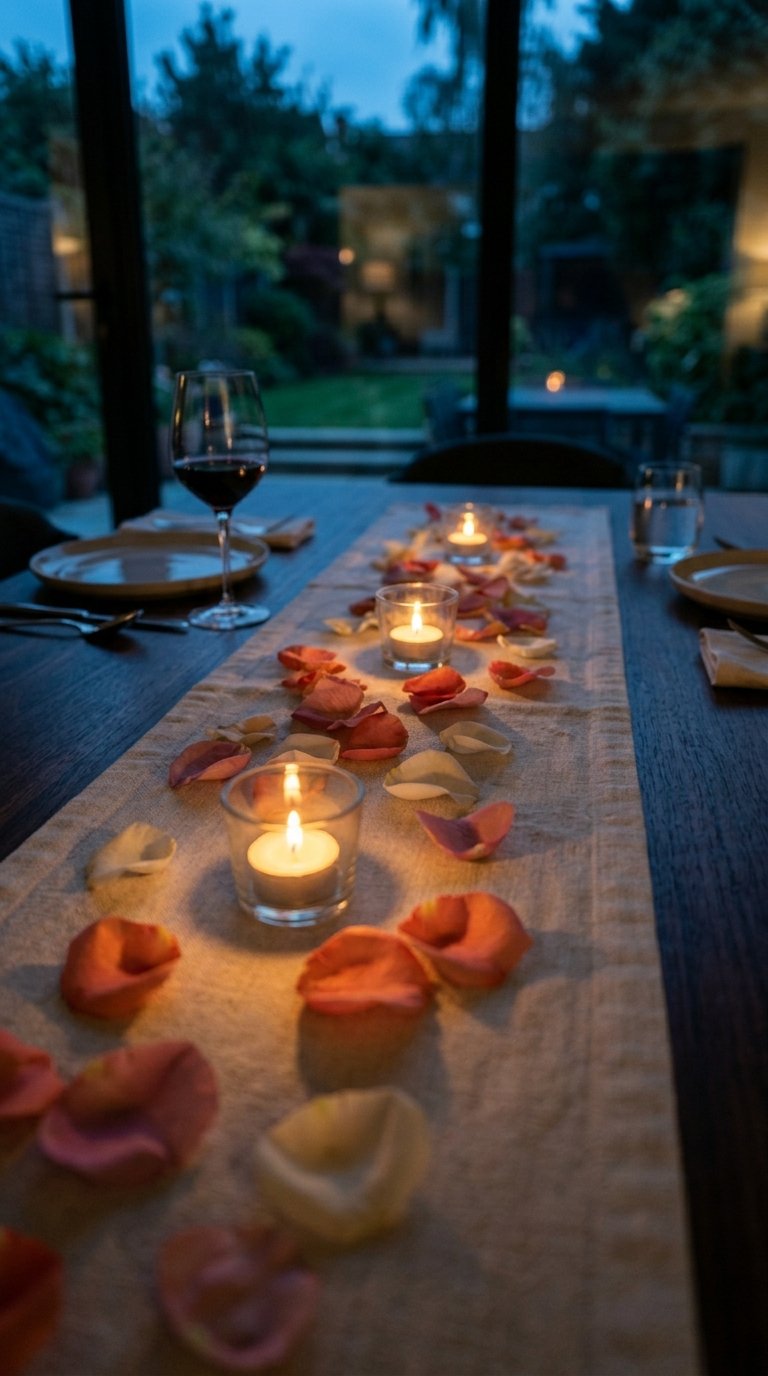 Linen Table Runner With Scattered Rose Petals