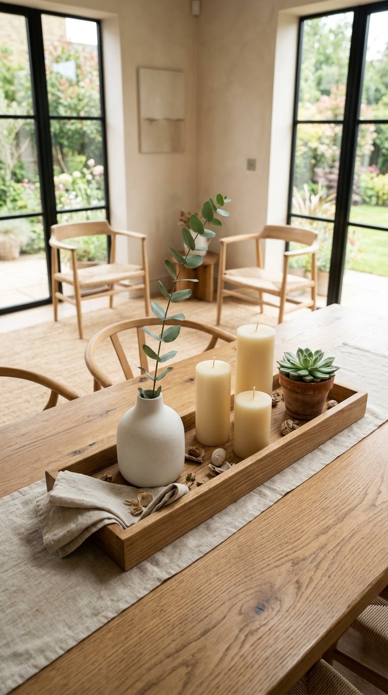 Long Wooden Tray with Layered Objects