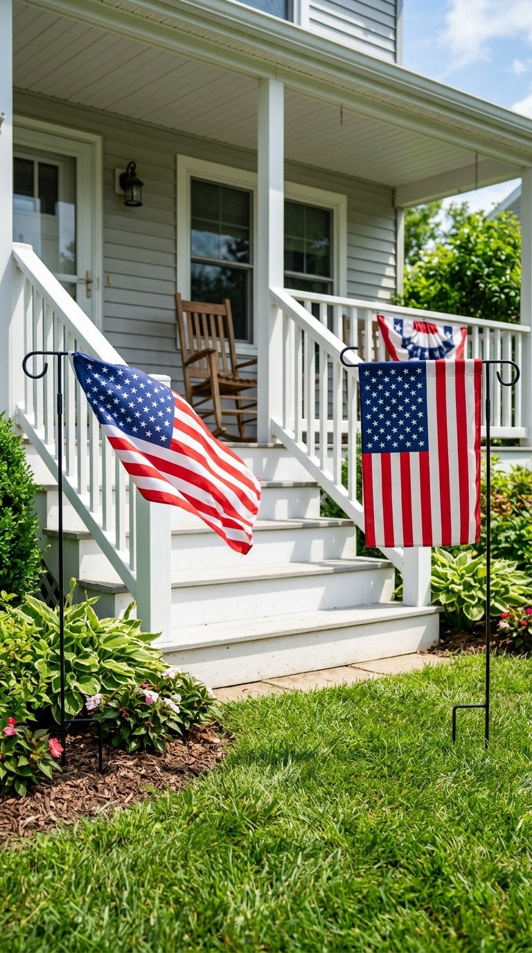 Patriotic Garden Flags Flanking the Porch Steps