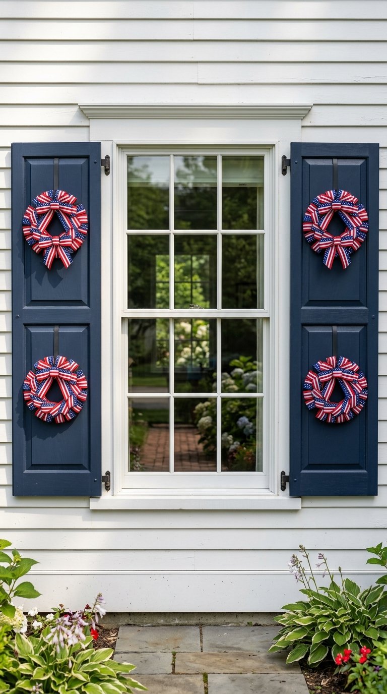 Patriotic Outdoor Wreath on Every Window Shutter