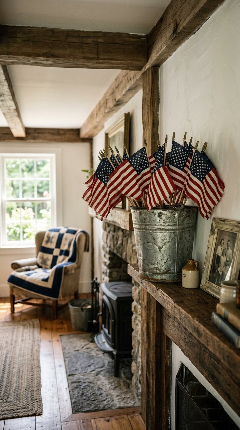 Place Miniature American Flags in a Galvanized Bucket