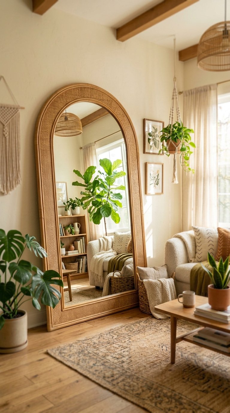 Place a Large Mirror With a Wooden or Rattan Frame