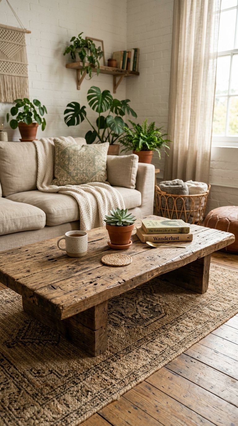 Place a Low Wooden Coffee Table With a Worn Finish