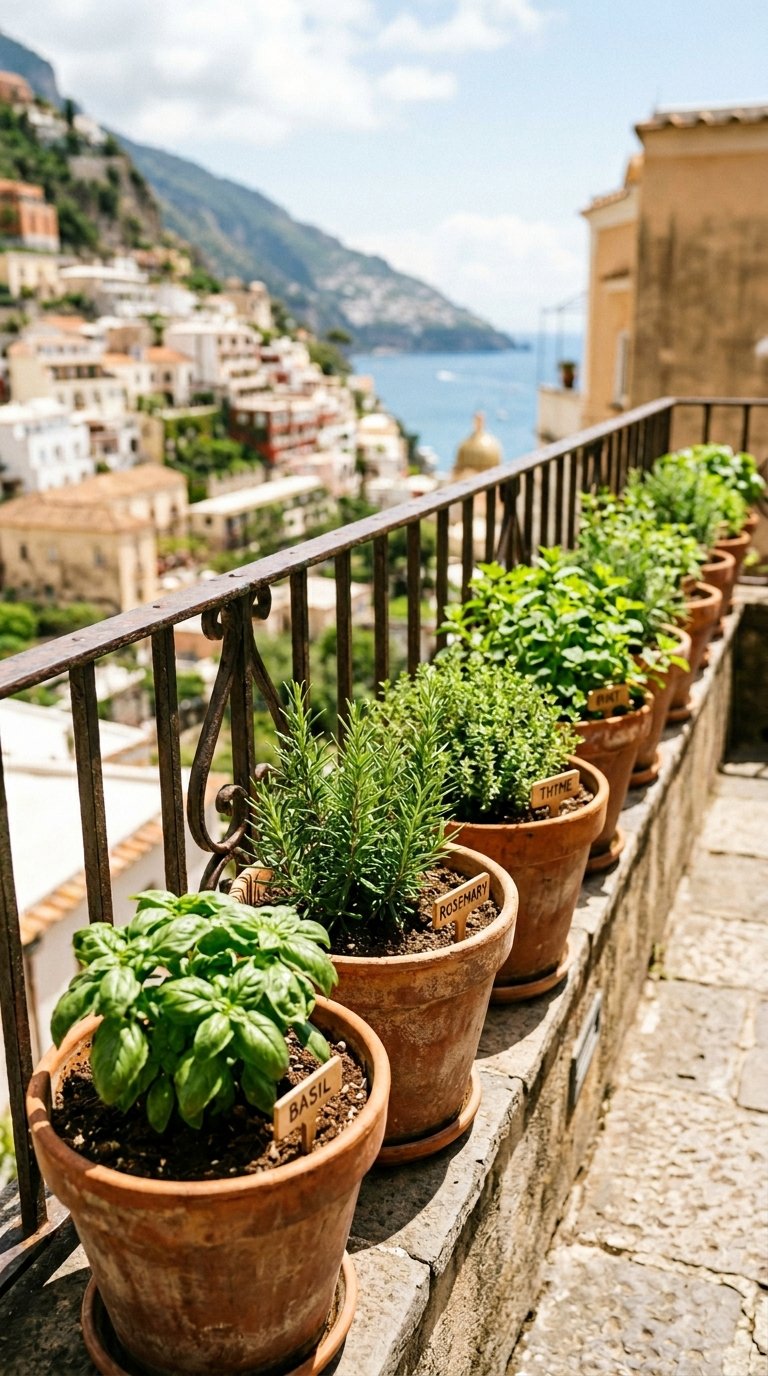 Potted Herb Garden Along the Railing Line