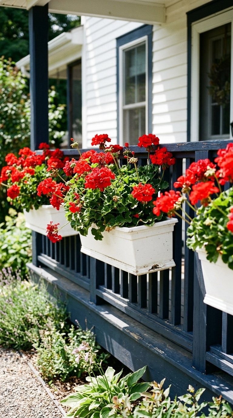 Red Geraniums in White Window Boxes