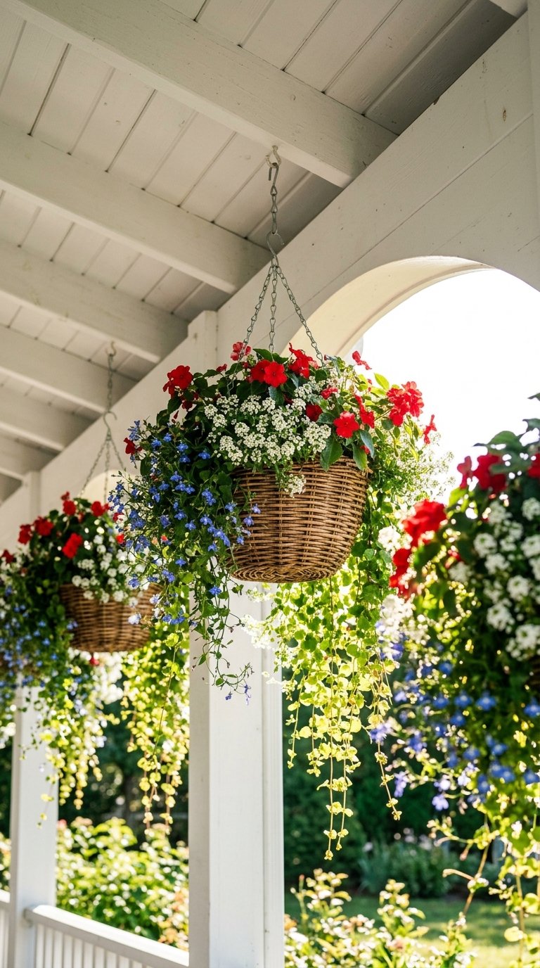 Red, White, and Blue Hanging Basket Planters