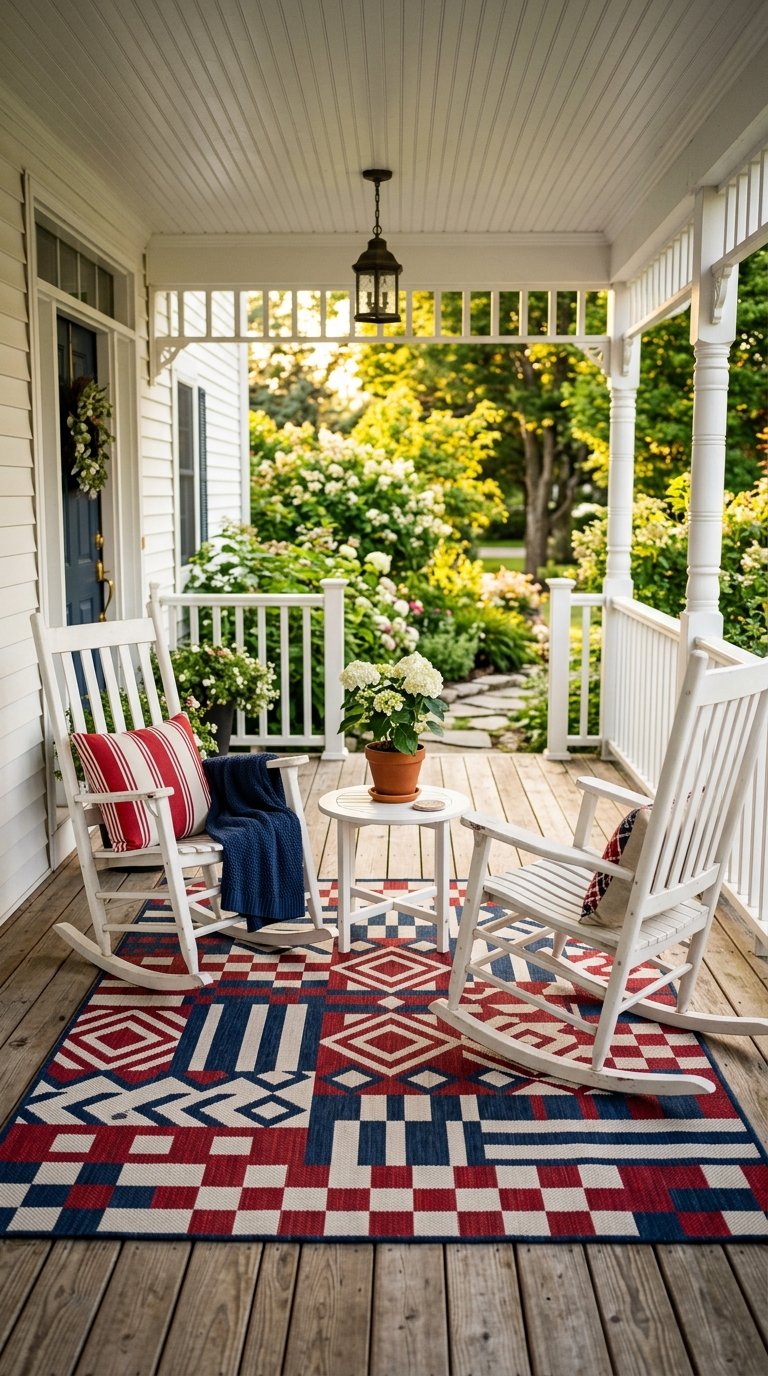 Red, White, and Blue Outdoor Rug in the Porch Seating Area