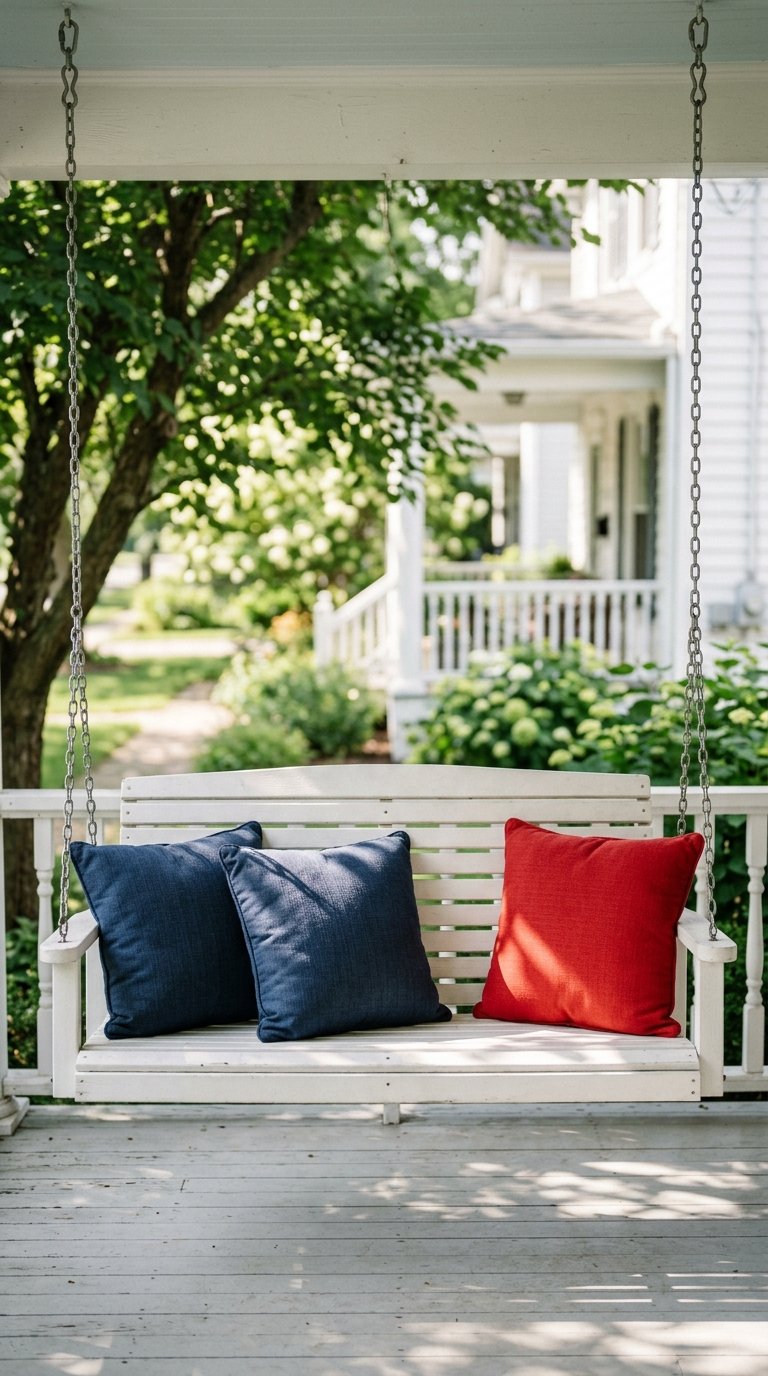 Red, White, and Blue Outdoor Throw Pillows on Porch Seating