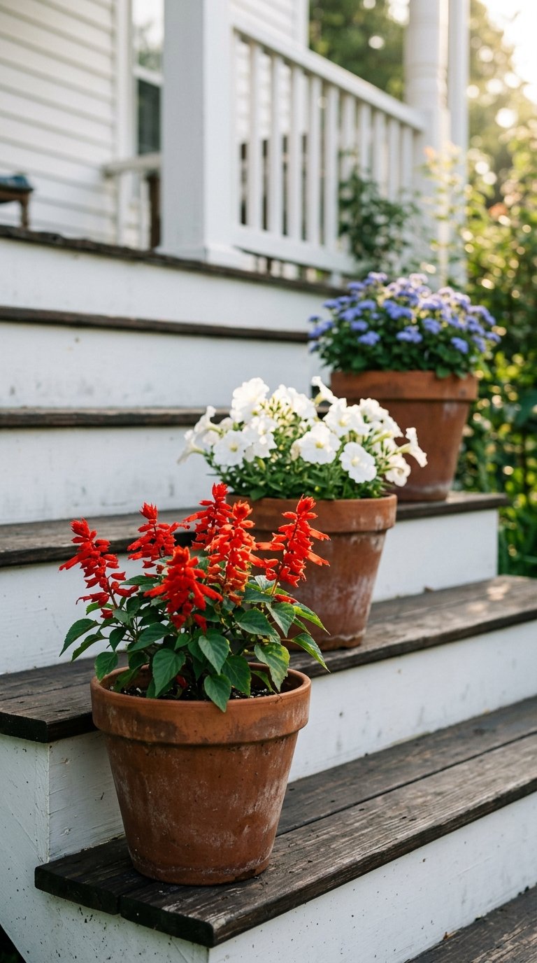 Red, White, and Blue Potted Flowers on the Porch Steps