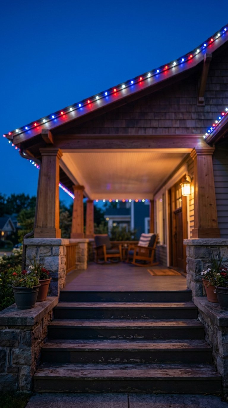 Red, White, and Blue Solar String Lights Along the Porch Roofline