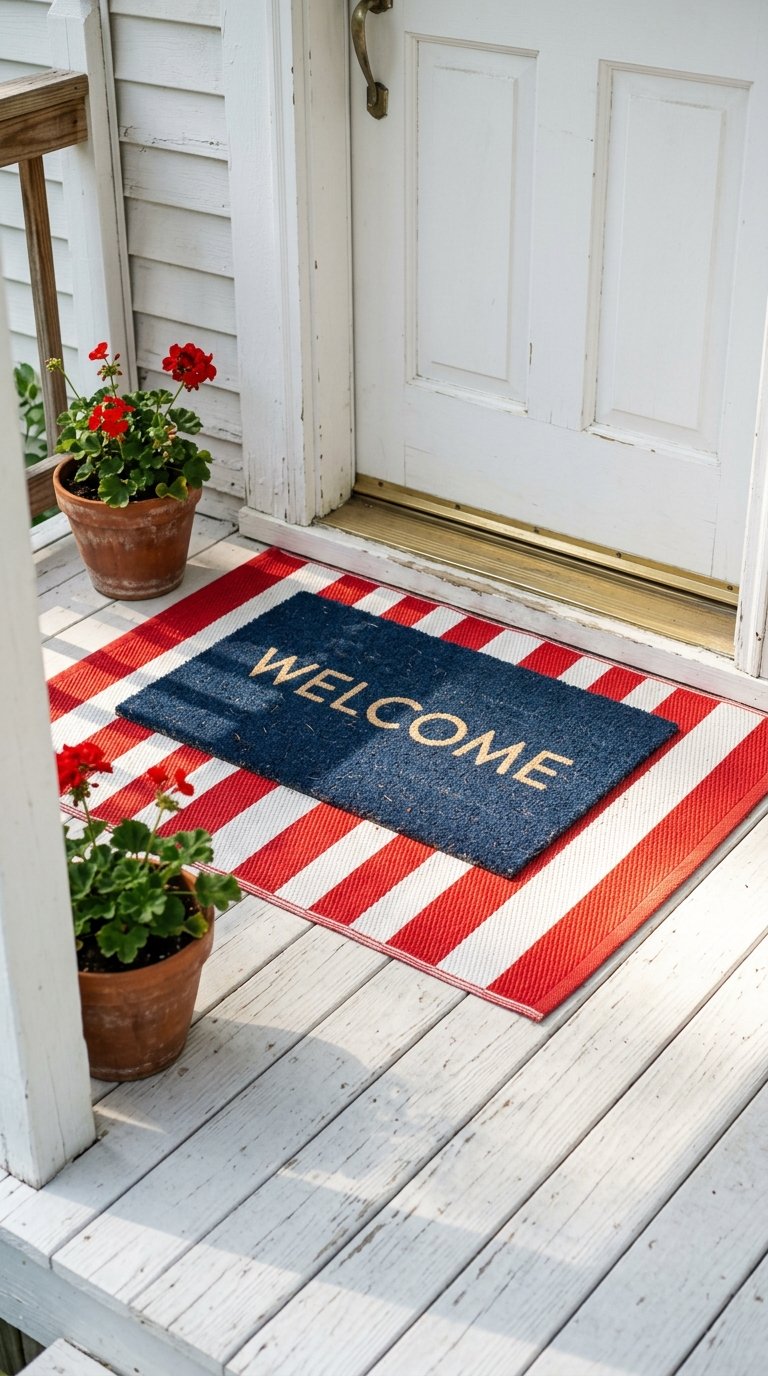 Red and White Striped Outdoor Rug at the Front Door