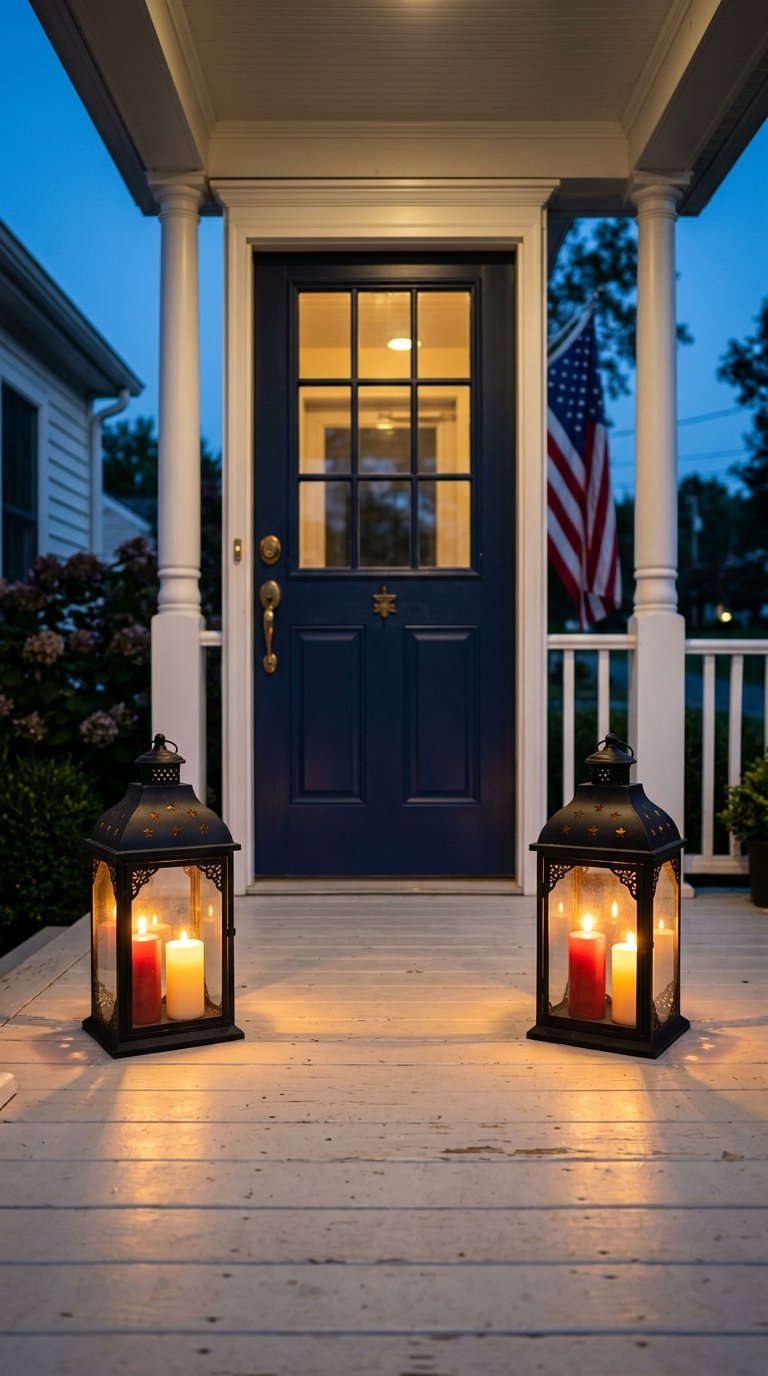 Star-Spangled Porch Lanterns with Red, White, and Blue Candles
