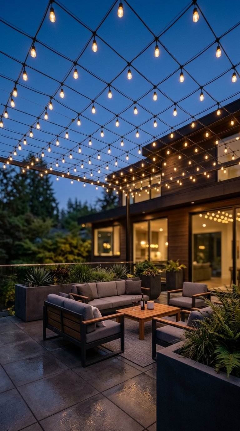 String Café Lights in a Clean Grid Pattern Overhead