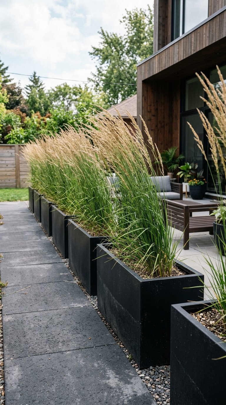 Tall Ornamental Grasses in Large Planters for Screening