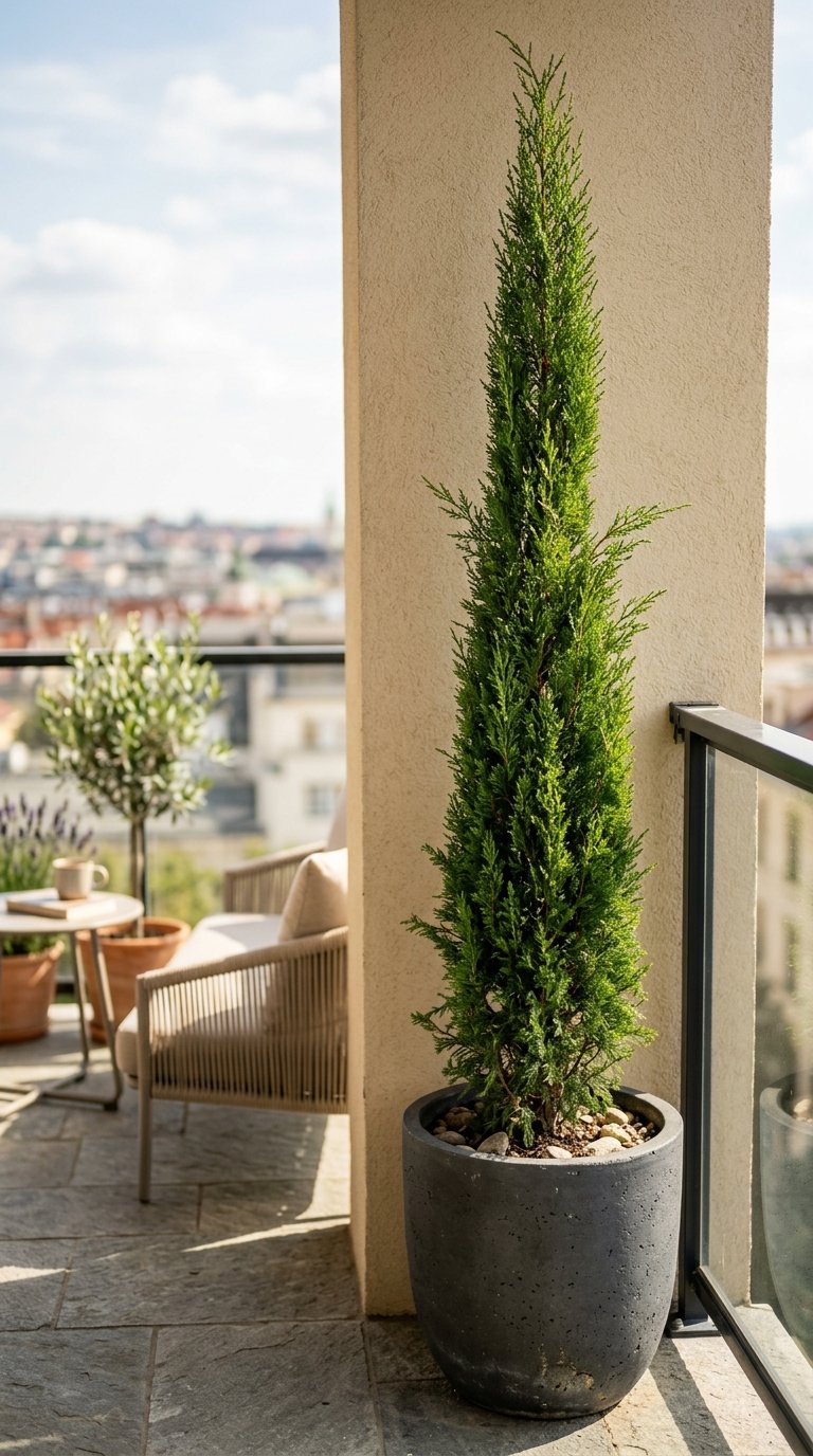 Tall Planter with a Columnar Evergreen for Year-Round Structure