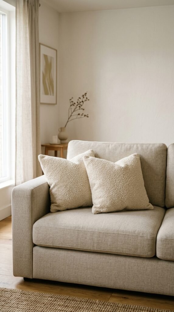 Textured Neutral Cushions Over Patterned Ones