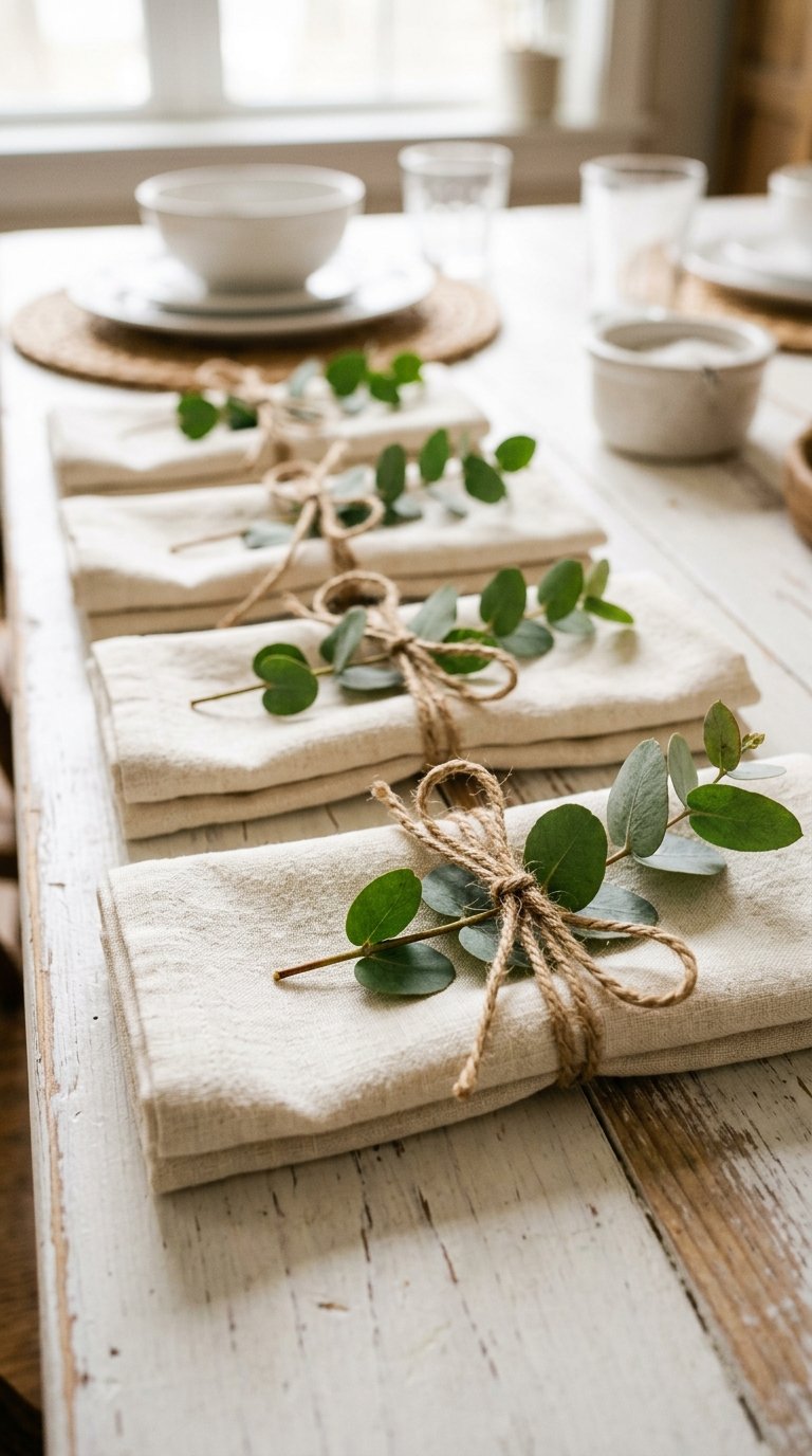 Tie Each Napkin With Natural Twine and a Sprig of Greenery