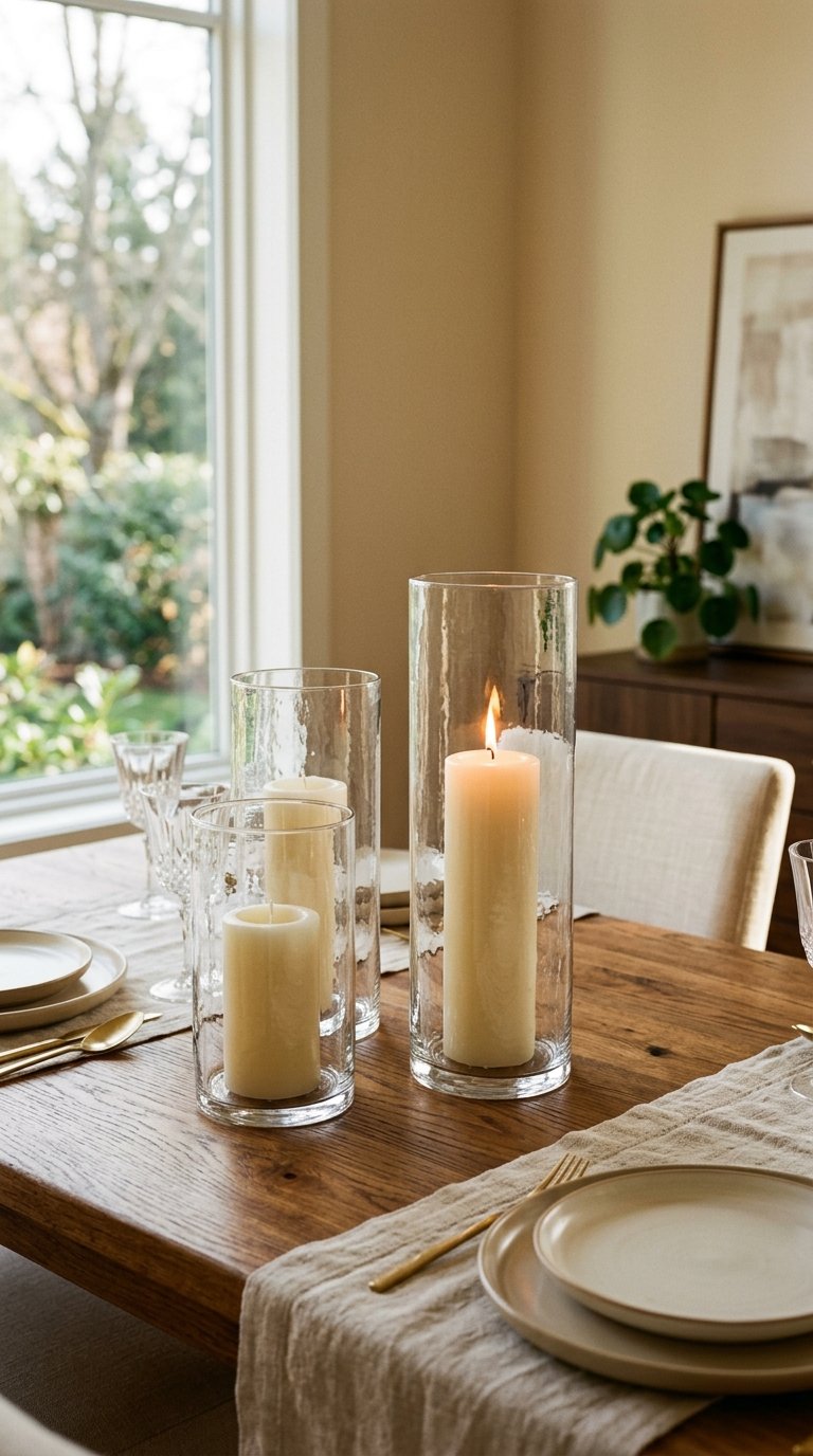 Trio of Glass Hurricane Candle Holders at Varying Heights