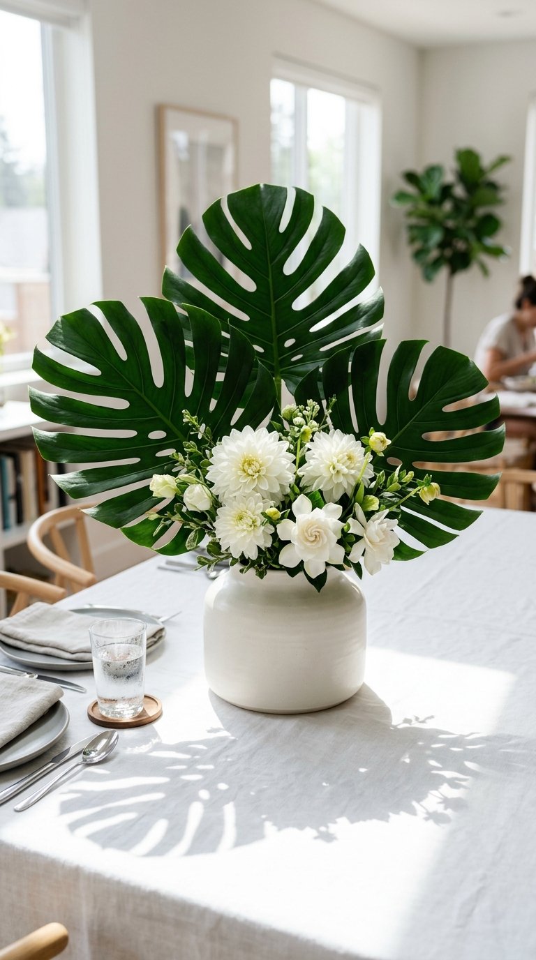 Tropical Leaf and White Flower Arrangement
