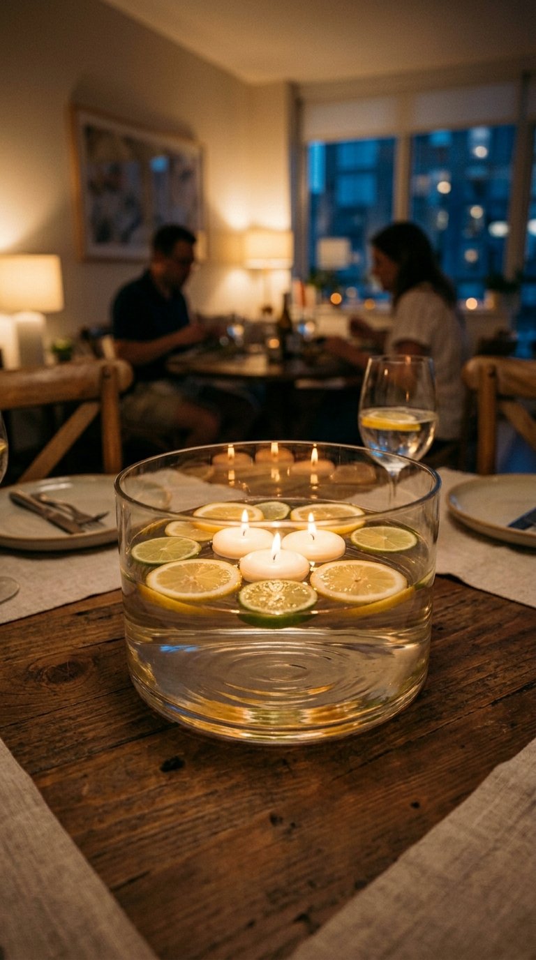 Use Floating Candles in a Glass Bowl as a Table Centerpiece